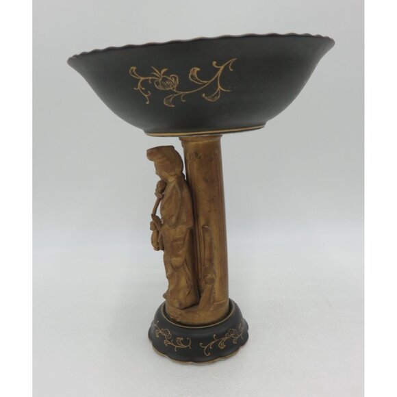 PEDESTAL Bowl Black and Gold With Oriental Figure Vintage JAPANESE Hand Painted - Picture 3 of 10